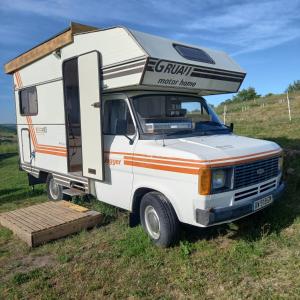 Saint-Barthélemy-le-Plain的住宿－Camping car vintage，一辆白色卡车停在野营车的田野里