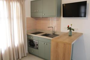 una pequeña cocina con armarios verdes y fregadero en Eleftheria Studios, en Balíon