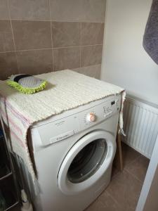 uma máquina de lavar roupa com um balcão em cima em DOM614 em Aizkraukle