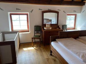 a bedroom with a bed and a dresser and a mirror at Berghof Schmitte in Winterberg