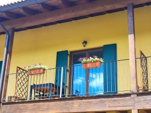 a balcony with two potted plants on it at Casale del Valla Agri B&B Naturista in Spigno Monferrato