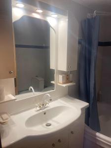 uma casa de banho com um lavatório branco e um espelho. em Valsamo Luxury Cottage em Chaïdeftón