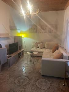 a living room with a couch and a tv at Valsamo Luxury Cottage in Chaïdeftón