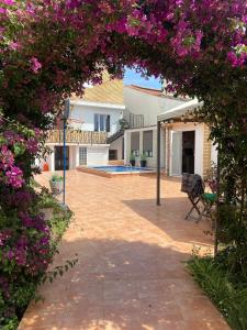 un patio abierto con flores rosas en una casa en Hostal Orange Vibes, en Paterna