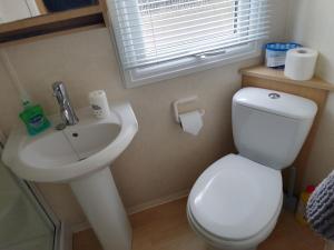a bathroom with a white toilet and a sink at Ocean Heights 5 star site NewQuay in Llanllwchaiarn