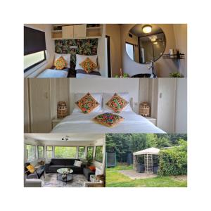 a collage of pictures of a bedroom and a caravan at Accommodatie in Eeserheide in De Pol