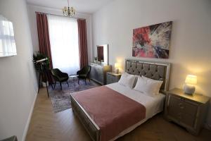 um quarto de hotel com uma cama, uma secretária e uma cadeira em ALEXANDER FLAT_ALECSANDRI em Oradea