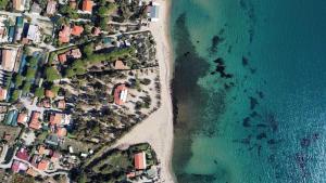 an overhead view of a beach with houses and the ocean at Mare Fuori Lacona in Capoliveri