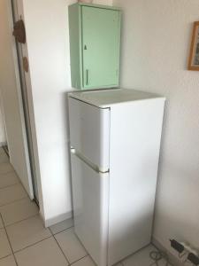 a white refrigerator with a green cabinet on top of it at Studio Cala Sognu Moriani residence in San-Nicolao