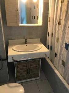 bagno con lavandino, specchio e servizi igienici di Studio Cala Sognu Moriani residence a San-Nicolao