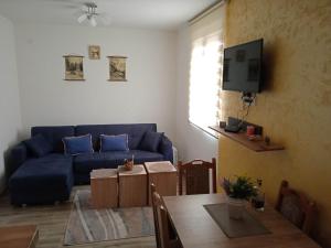 een woonkamer met een blauwe bank en een tafel bij Apartman NIKOLIJA 2 in Kaludjerske Bare