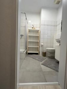 een badkamer met een douche, een toilet en een wastafel bij Apartment Am Petersberg Erfurt in Erfurt