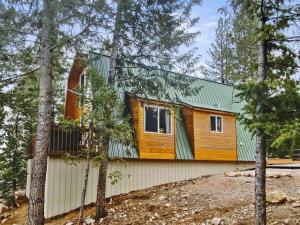 ein Haus mit einem grünen Dach im Wald in der Unterkunft Woodchuck Cabin in Duck Creek Village