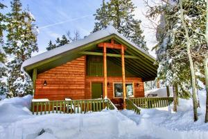 una cabaña de madera en el bosque con nieve en el suelo en Lovely Log Cabin With Fire Pit! en Duck Creek Village