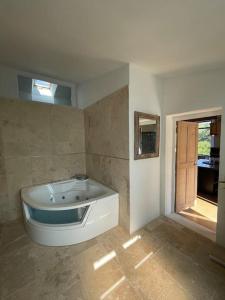 ein Bad mit einer Badewanne in einem Zimmer in der Unterkunft Gîtes Bois-Mariage in Veaux