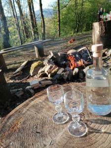 two wine glasses and a bottle on a table with a fire at Treehouse Velké Losiny in Velké Losiny