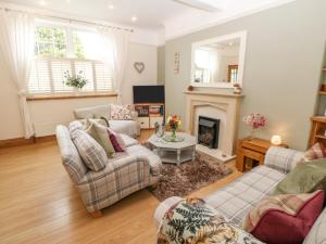 a living room with two couches and a fireplace at The Nutshell in Chester-le-Street