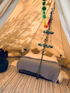 um quarto com uma tenda com uma cama em Bowhayes Farm - Camping and Glamping em Venn Ottery