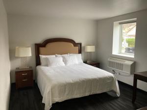 Elker Inn & Suites في Ridgway: غرفة نوم بسرير كبير مع مواقف ليلتين ونافذة