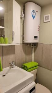 een badkamer met een toilet en een boiler bij Ezerdzirnas 