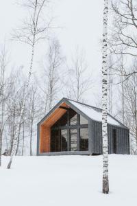 Sniegi design cabin with sauna during the winter