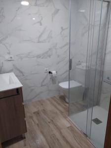 a bathroom with a toilet and a glass shower at Apartamento en casa Portonovo vacaciones in Portonovo