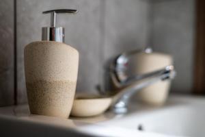 a soap dispenser sitting on a sink next to a faucet at Appartamento Mare calmo-Myrtos in Myrtos