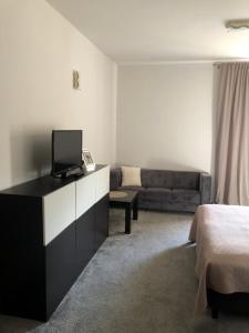 1 dormitorio con cama y vestidor con TV en Lacona, en Stąporków