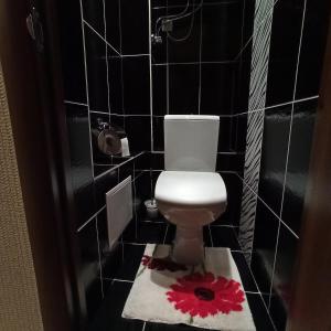 uma casa de banho com um WC com uma flor vermelha no chão em Увага! Увага! Подобово! em Bila Tserkva