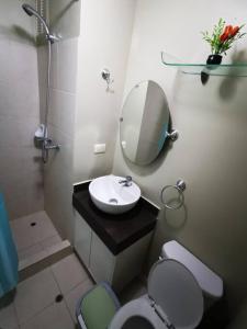 y baño con lavabo, espejo y aseo. en Hermoso departamento en condominio en Tacna
