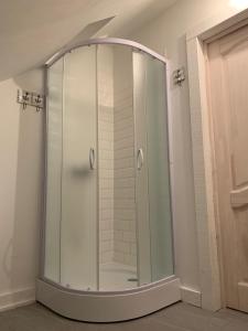 a shower with a glass door in a room at Rusnės Pakalnės apartamentai in Rusnė