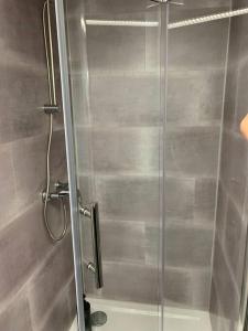 a shower with a glass door in a bathroom at Villa Kunterbunt, W-Lan, Office in Leverkusen