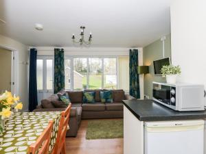 a kitchen and living room with a couch and a microwave at 14 The Dell in Norwich