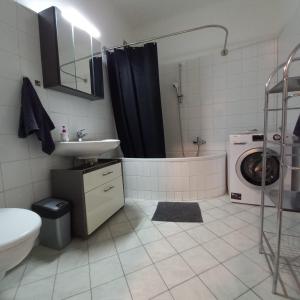 y baño con lavabo y lavadora. en IMBACH KLOSTERHOF -Ferienapartments im Herzen der Wachau, en Imbach