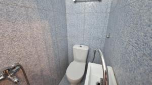 La salle de bains est pourvue d'une douche et de toilettes blanches. dans l'établissement Peppermint Bay, à Skopelos
