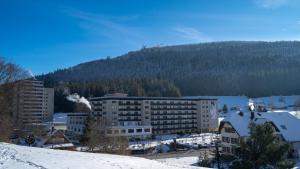 a city in the snow with a mountain in the background at RECHTMURG 27 in Baiersbronn