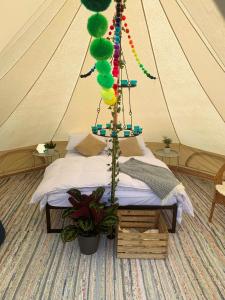 Postel nebo postele na pokoji v ubytování Bowhayes Farm - Camping & Glamping - Bell Tents - Cider Orchard