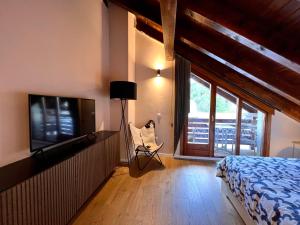 a bedroom with a bed and a tv and a chair at Dúplex La Roca in Espot