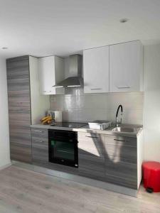 a kitchen with stainless steel cabinets and a sink at Apartman Toni in Skradin