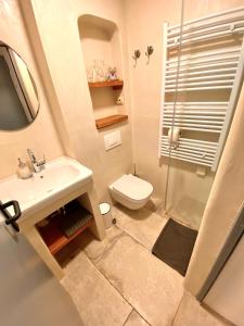 a bathroom with a sink and a toilet and a shower at The Little Room in Bovec