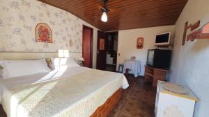 a bedroom with two beds and a television in it at Nova Pousada Chamonix in Teresópolis