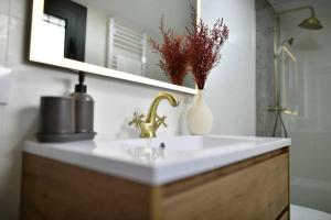 bagno con lavandino, vaso e specchio di Can Mosqueroles casa en Castellfollit de la Roca a Girona