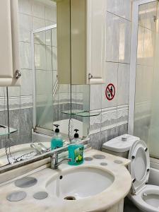 a bathroom with a sink and a toilet and a mirror at Apartment Balcony city view in Pristina