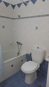 a bathroom with a white toilet and a bath tub at spiros house in Katokhórion