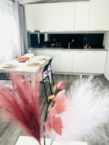a kitchen with white cabinets and red and white feathers at Holiday Camp Sarbinowo in Sarbinowo
