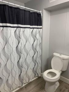 a bathroom with a toilet and a shower curtain at Entire Condo Minutes from Niagara Falls (USA) in Niagara Falls