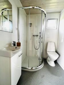 a bathroom with a shower and a toilet at Holiday Camp Sarbinowo in Sarbinowo