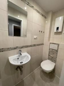 City Apartment Bremen في بريمين: حمام ابيض مع مرحاض ومغسلة