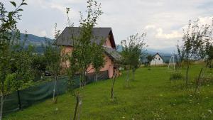 uma pequena casa rosa num campo com árvores em Villa Miševići em Hadžići