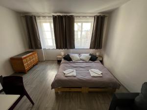 a bedroom with two beds and two windows at I&T Apartmán v srdci Broumova in Broumov
